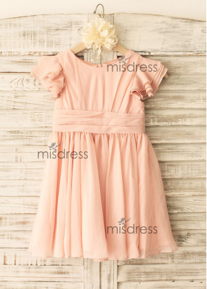 Short Sleeves Pink Chiffon Knee Length Flower Girl Dress